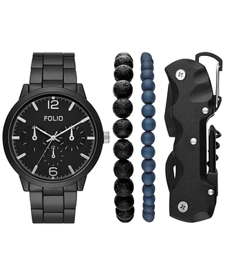 Folio Men's Three Hand Black Alloy Watch 46mm Gift Set