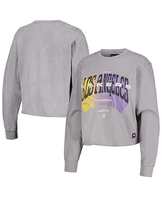 Women's The Wild Collective Gray Distressed Los Angeles Lakers Band Cropped Long Sleeve T-shirt