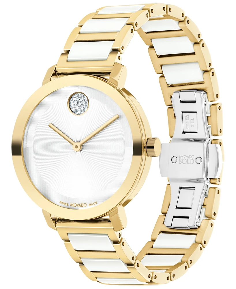 Movado Women's Swiss Bold Evolution 2.0 White Ceramic & Gold Ion Plated Steel Bracelet Watch 34mm