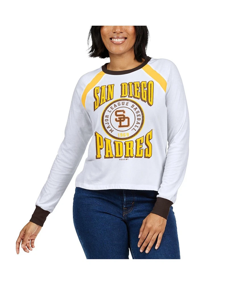 Women's Wear by Erin Andrews White Distressed San Diego Padres Raglan Long Sleeve T-shirt