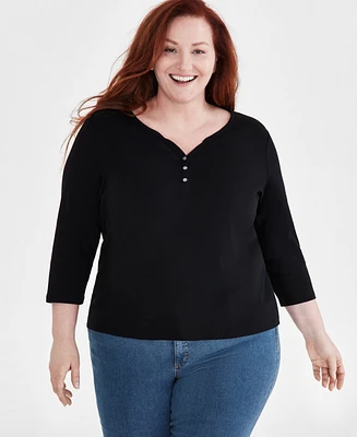 Style & Co Plus 3/4-Sleeve Cotton Henley Top