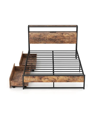 Bed Frame with 2-Tier Headboard and Charging Station