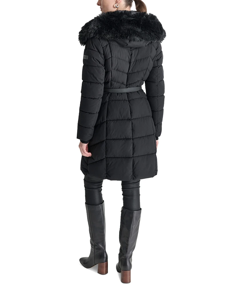 Dkny Women's Bibbed Faux-Fur-Trim Hooded Puffer Coat