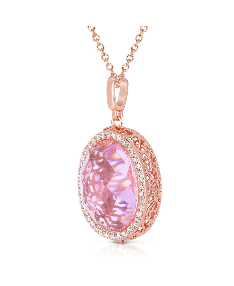Sterling Silver 18K Rose Plated Cubic Zirconia Oval Pink Pendant