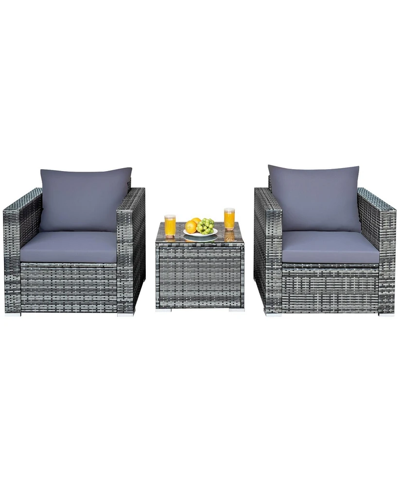 3 Pieces Patio Rattan Furniture Bistro Sofa Set with Cushioned
