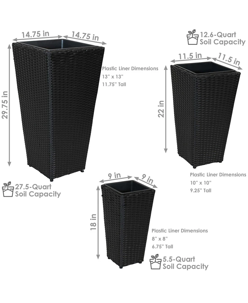 Decorative Square Polyrattan Basket-Style Planters - 9", 11.5", and 14.75" Square - Black - 3-Piece Set