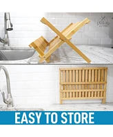2-Tier Bamboo Collapsible Dish Drying Rack with Flatware Holder
