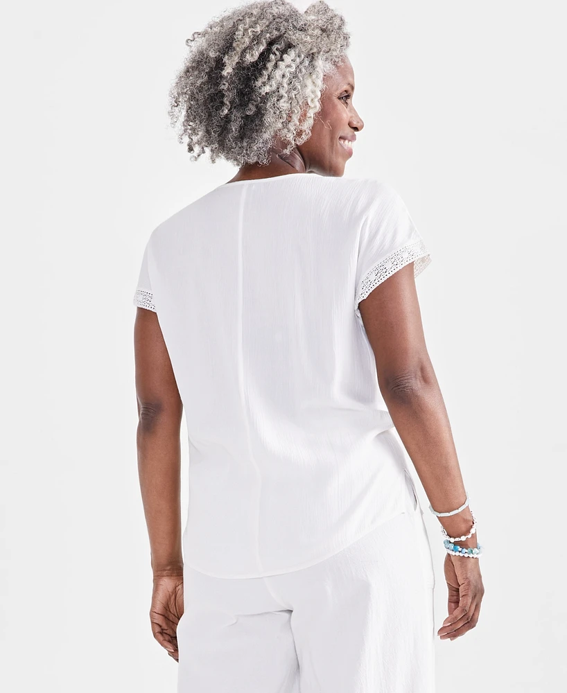 Style & Co Women's Round-Neck Crochet-Trim Dolman Top, Created for Macy's