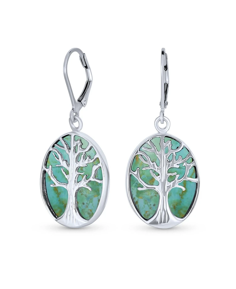 Bling Jewelry Large Oval Natural Stone Shell Lever Back Mother Of Pearl Family Tree Life Dangle Earrings .925 Sterling Silver