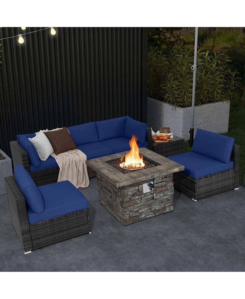 7 Pcs Patio Furniture Set with 50,000 Btu Fire Pit Table Wicker Sofa Cushions
