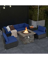 7 Pcs Patio Furniture Set with 50,000 Btu Fire Pit Table Wicker Sofa Cushions