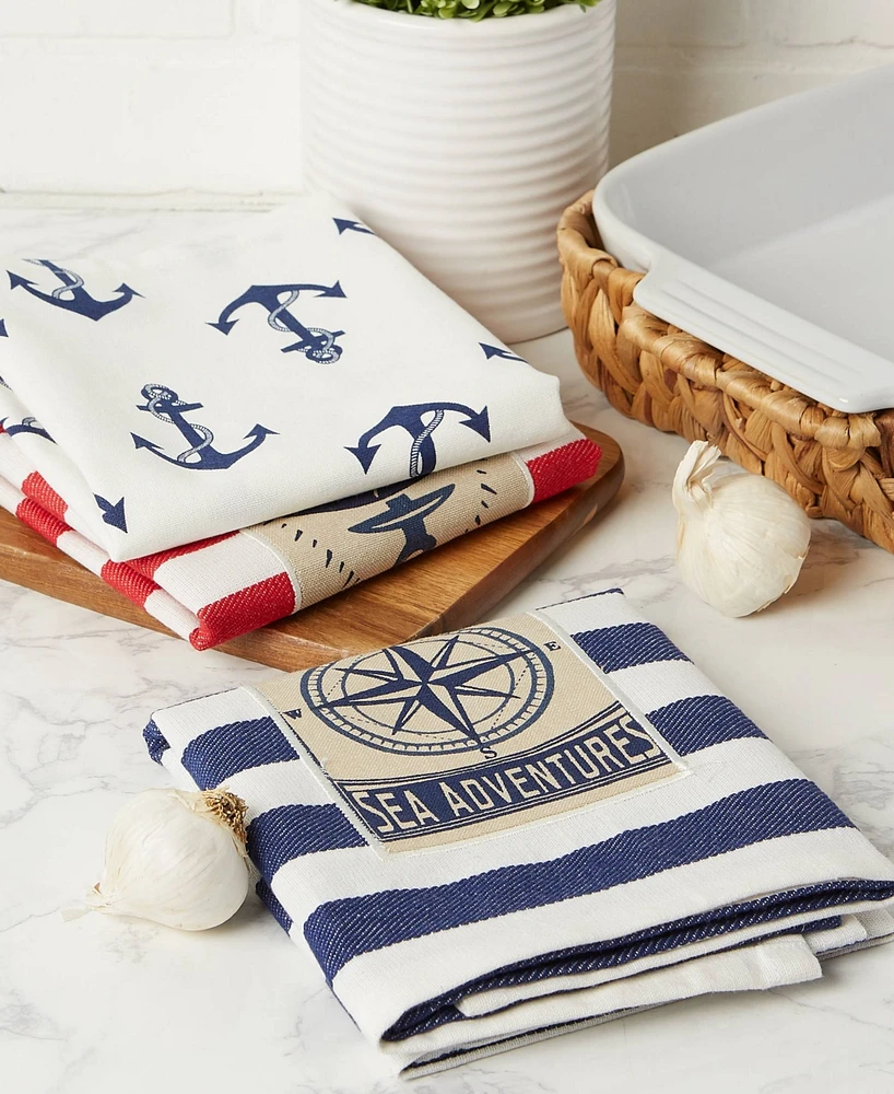 Design Imports Maritime Collection Kitchen Dishtowel Set, 18x28, Anchor Stripes, 3 Piece