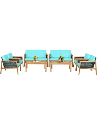 Gymax 8PCS Patio Acacia Wood Furniture Set Pe Rattan Conversation Set w/ Turquoise Cushions