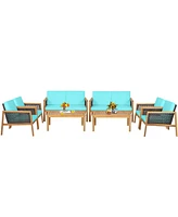 Gymax 8PCS Patio Acacia Wood Furniture Set Pe Rattan Conversation Set w/ Turquoise Cushions