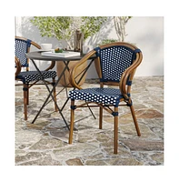 Merrick Lane Sacha Stacking Thonet Bistro Style Chair With Arms, Pe Rattan Seat, And Bamboo Finished Metal Frame For Indoor/Outdoor Use