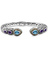 Devata Swiss Blue Topaz, Amethyst & Bali Ubud Cuff Bracelet Sterling Silver and 18K Gold