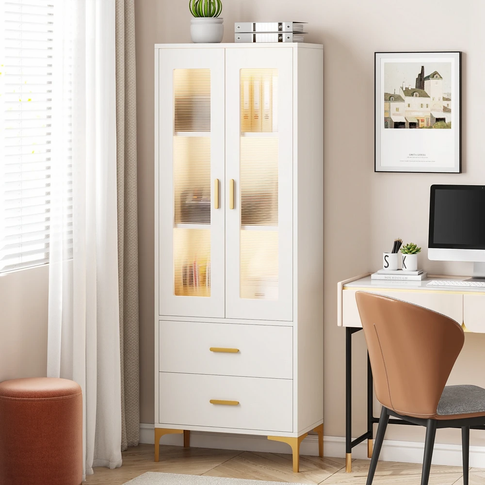 Tribesigns Bookcase with Doors and Led Light,Bookshelf 2 Drawers, Freestanding Tall Storage Cabinet for Living Room, Bathroom, Office, Kitchen
