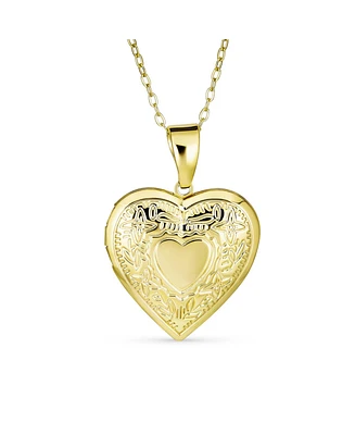 Bling Jewelry Initials Keepsake Puff carved Leaf Heart Shaped Photo Locket Holds Photos Pictures 18K Gold Plated Necklace Pendant