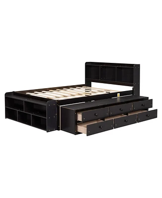 Full Bed With Bookcase Headboard, Under Bed Storage Drawers And Bed End Storage Case, Espresso