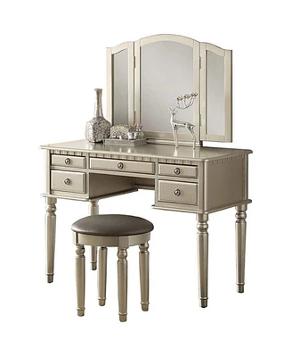 Bedroom Contemporary Vanity Set W Foldable Mirror Stool Drawers Silver Color