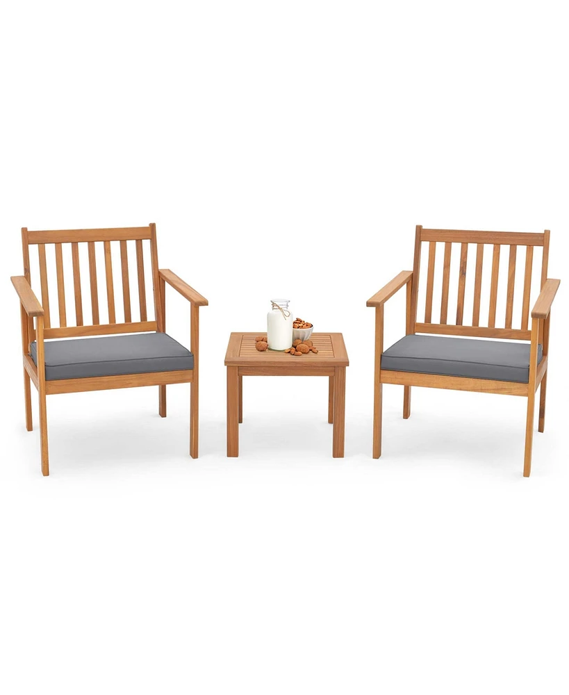 3 Pcs Patio Wood Furniture Set Acacia Wood Chairs & Coffee Table with soft Cushions
