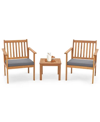 3 Pcs Patio Wood Furniture Set Acacia Wood Chairs & Coffee Table with soft Cushions