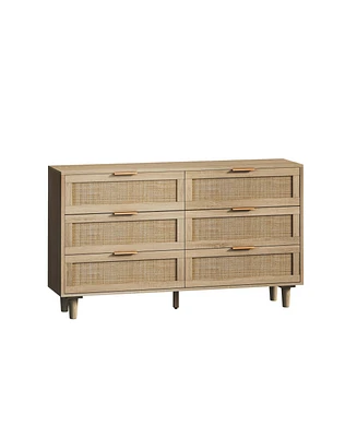 51.18" 6-Drawers Rattan Storage Cabinet Rattan Drawer, For Bedroom, Living Room, Natural