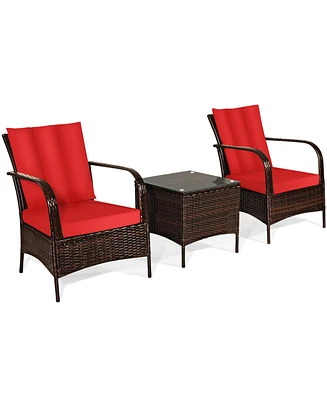 Gymax 3PCS Patio Rattan Conversation Set Outdoor Furniture Set w/Table