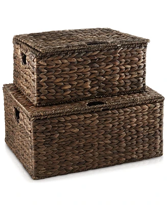 Casafield Set of 3 Water Hyacinth Storage Baskets (Small/Medium/Large), Multipurpose Organizer Rectangular Totes with Removable Lids - Espresso