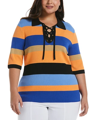Ella Rafaella Plus Size Lace-Up Short Sleeve Polo Sweater