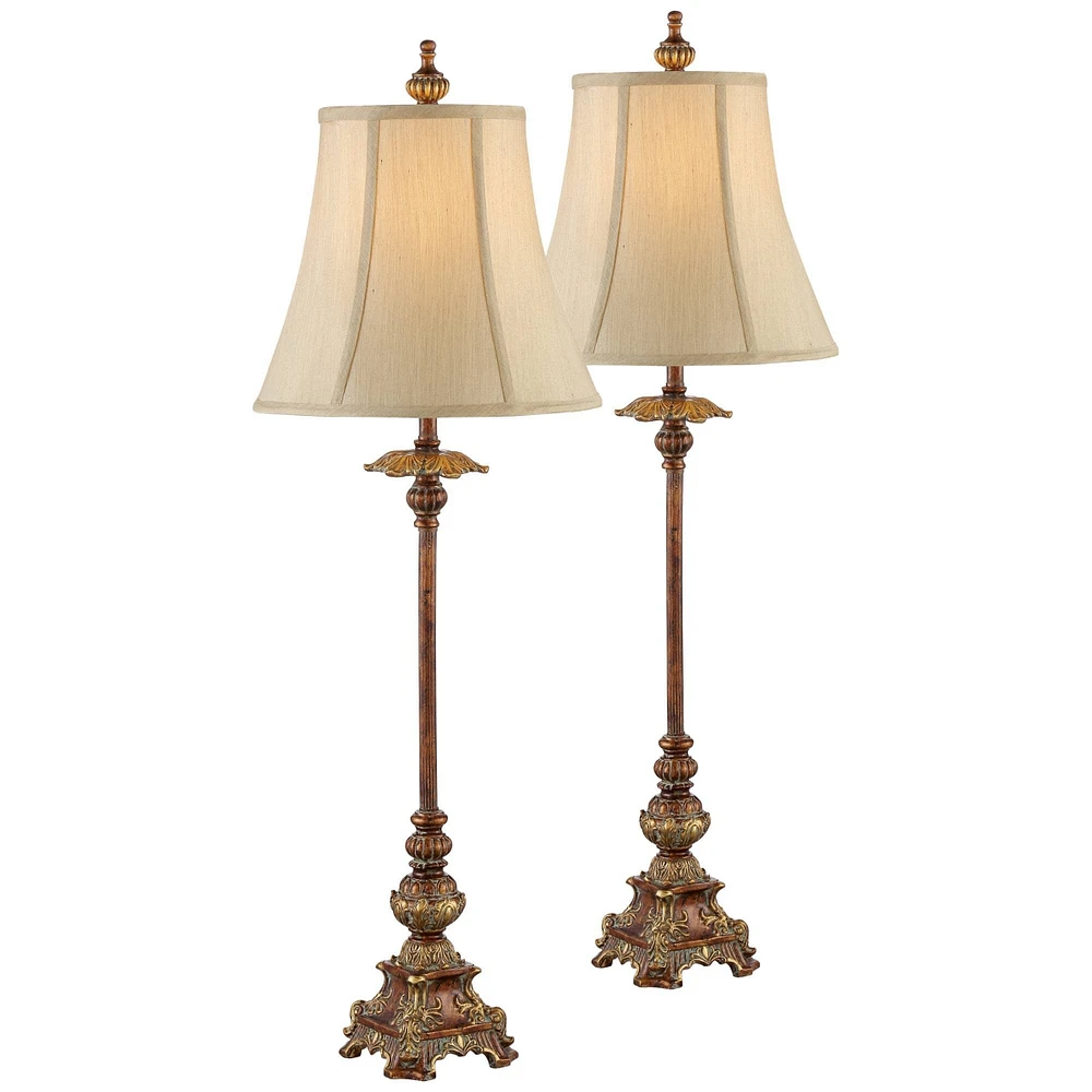 Regency Hill Juliette 36 1/2" Tall Skinny Large Buffet Traditional End Table Lamps Set of 2 Brown Light Bronze Finish Fabric Shade Living Room Bedroom