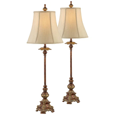 Regency Hill Juliette 36 1/2" Tall Skinny Large Buffet Traditional End Table Lamps Set of 2 Brown Light Bronze Finish Fabric Shade Living Room Bedroom