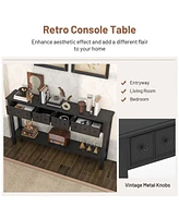 60'' Console Table Retro Entryway Sofa with 4 Drawers & Open Shelf