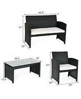 4PCS Patio Rattan Furniture Conversation Set Cushioned Sofa Coffee Table Garden