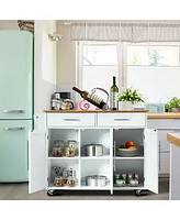 Kitchen Island Trolley Cart Wood Brown Top Rolling Storage Cabinet