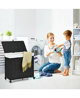 Laundry Hamper w/Wheels & Lid, 125L 3-Section Clothes Hamper w/2 Liner Bags