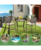 3PCS Patio Rattan Bar Furniture Set Slat Table 2 Cushioned Stools Poolside
