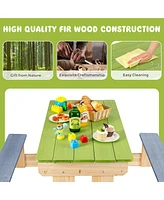 3-in-1 Kids Picnic Table Outdoor Wooden Water Sand Table w/ Play Boxes