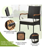 4PCS Patio Pe Wicker Chairs Acacia Wood Armrests with Soft Zippered Cushion Garden