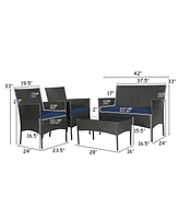 4PCS Patio Rattan Furniture Set Cushioned Sofa Coffee Table Backyard
