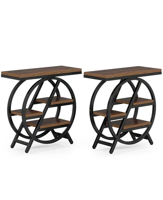 Tribesigns End Table Set of 2, 3-Tier Narrow Sofa Side Table with Storage for Living Room, Wood End Table with Geometric Metal Frame