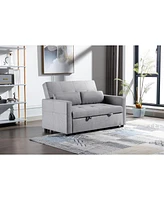 Light Grey Linen Fabric 3-In-1 Convertible Sleeper Loveseat With Side Pocket