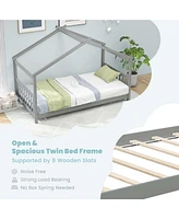 Twin Size House Bed with Roof Wooden Low Floor Bed No Box Spring Needed