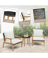 3 Pcs Outdoor Furniture Set with Cushioned Chairs and Tempered Glass Side Table