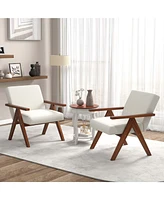 2 Pcs Modern Accent Chair Linen Fabric Armchair with Solid Acacia Wood Frame