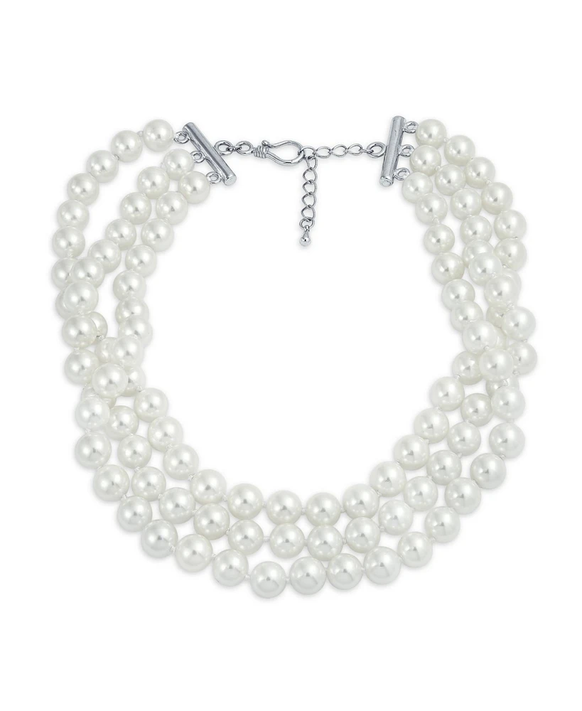 Bling Jewelry Hand Knotted 3 Row White Simulated Pearl Strand Collar Necklace Prom