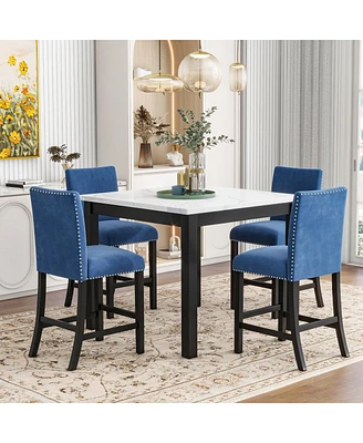 5-Piece Counter Height Dining Table Set - Blue Velvet Chairs