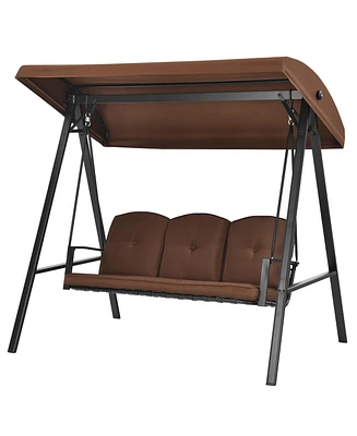 Outdoor 3-Seat Porch Swing with Adjust Canopy and Cushions Brown