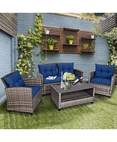 8 Pcs Patio Rattan Furniture Set Coffee Table Cushioned Sofa Garden Lawn Navy
