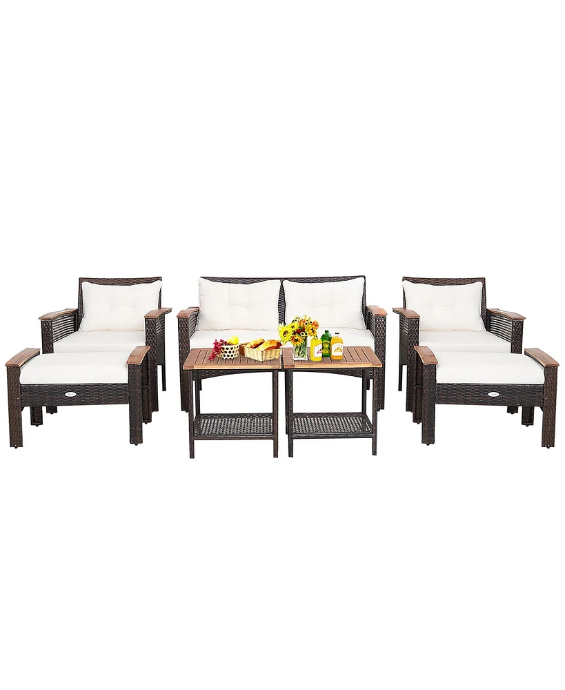 7PCS Patio Rattan Furniture Set Cushioned Loveseat Sofa Ottoman Table